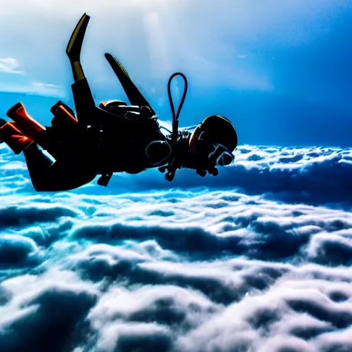 Prompt: a scubadiver flying in the sky above the clouds