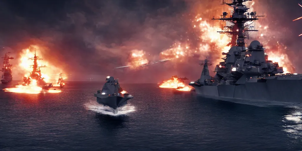 Prompt: a naval battle far away with battleships and torpedoes in the night with fire and bullet tracers flying and black smoke, octane render, hyper-realistic, 8k, 4k, insanely detailed intricate, high detail, high definition, photorealistic