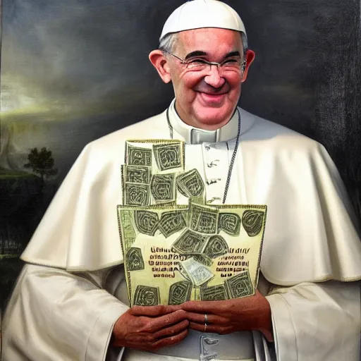 Image similar to pope jerome powell, wearing the pope hat, holding wad of money, patron saint of money printers, illuminated by the light of heaven, 8k, 4k, oil painting, award winning portrait of his holiness jerome powell, masterpiece