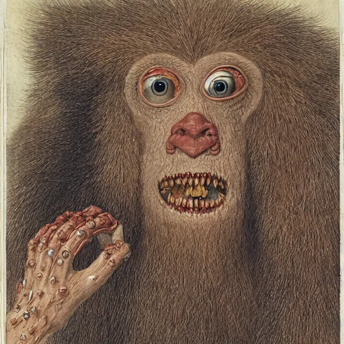 Image similar to close up portrait of a mutant monster creature with crystal eyes, small open pinky lips, fractal long eyelashes, cloth, needles. jan van eyck, walton ford