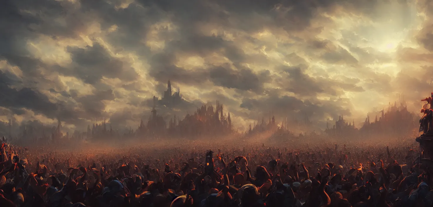 Image similar to painting of a crowd with raised arms pointing toward, cinematic view, epic sky, detailed, concept art, low angle, high detail, warm lighting, volumetric, godrays, vivid, beautiful, trending on artstation, by jordan grimmer, huge scene, art greg rutkowski