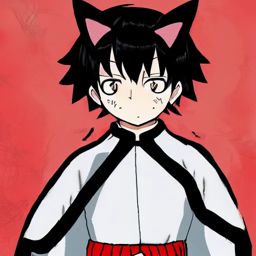 Image similar to little boy with cat ears in an black latex suit with red cape. digital artwork made by kohei horikoshi, inspired by western comic