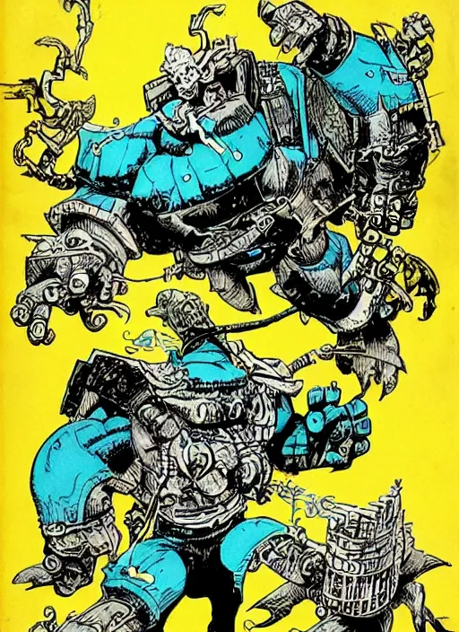 Image similar to detailed fantasy comic book drawing of a ( mechanical ogre ) attacking a ( stronghold castle ) by jack kirby!!! and gris grimly, cinematic, epic, awesome bright color palette, hard contrast, black ink outlines