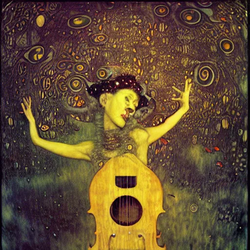 Prompt: wetplate photography of yellow jester playing mystical tunes underwater with one wing hungry souls around by Klimt, Artificial Nightmares drawn by Peter Mohrbacher, Zdzisław Beksiński and thu berchs James Gurney unreal engine octane, Trending on artstation.