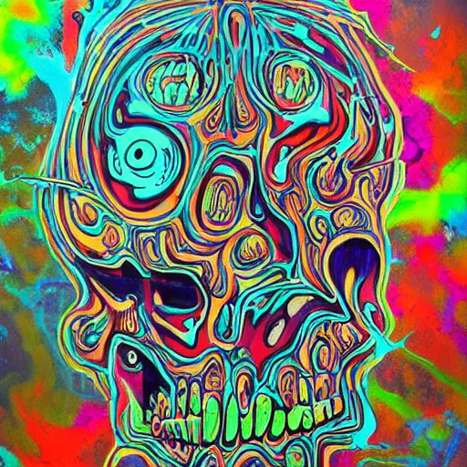 Prompt: drippy, dripping paint, skull, trippy, DMT, Miyazaki style, exaggerated accents