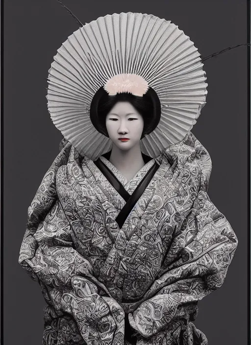 Image similar to portrait of a melancholic geisha, parallax, studio portrait against a black background, modern fine art, fractal, intricate, elegant, highly detailed, digital photography, subsurface scattering, by jheronimus bosch and yue minjun and greg rutkowski,