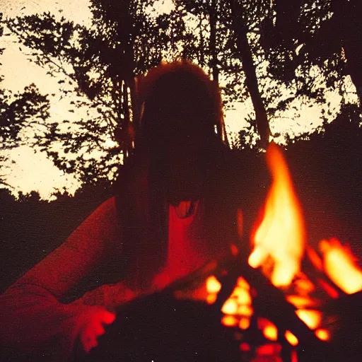 Prompt: grainy 90s poloraid photo of a young woman near a campfire, looking up into the sky