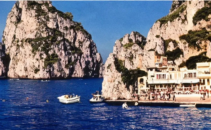 Image similar to still from l'estate, a movie by luchino visconti ( 1 9 7 4 ) set in capri. technicolor, dramatic light, cinematic composition, flamboyant