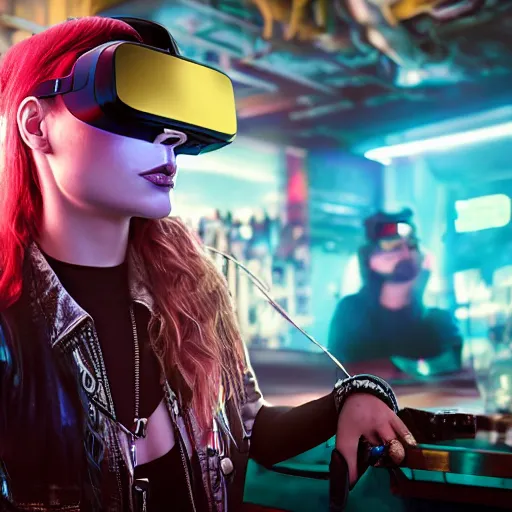 Image similar to a high quality portrait of a beautiful stunning pirate in a cyberpunk cyberpunk cyberpunk cafe wearing a VR visor, realism, 8k, award winning photo