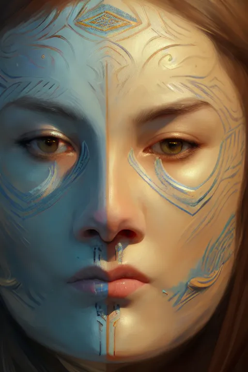 Prompt: ultra detailed facial portrait of beautiful nordic woman, blue eyes, wearing a tribal mask, extremely detailed digital painting, in the style of fenghua zhong and ruan jia and jeremy lipking and peter mohrbacher, mystical colors, rim light, beautiful lighting, 8 k, stunning scene, raytracing, octane, trending on artstation