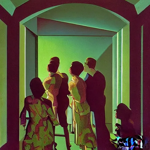 Prompt: a group of people in a dark room. The only source of light is a small window in the corner. The people are all looking at something outside of the painting. crystalline lattice, camouflage green by Tim Hildebrandt, by Georgia O\'Keeffe