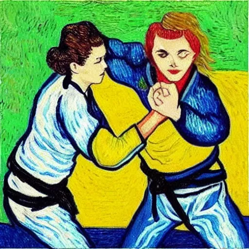 Prompt: “ two woman jujitsu, vincent can gogh ”