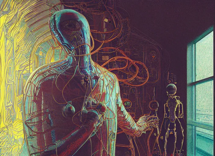 Prompt: portrait of man with alien interior bright factory building, cynical realism, painterly, yoshitaka amano, miles johnston, moebius, beautiful lighting, miles johnston, klimt, tendrils, in the style of, louise zhang, victor charreton, james jean, two figures