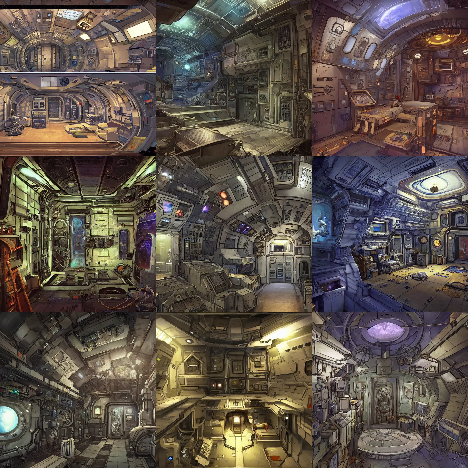 Prompt: in a small space station module that has doors on each wall, from a space themed point and click 2 d graphic adventure game, set design inspired by hg giger and tomb raider, art inspired by thomas kinkade