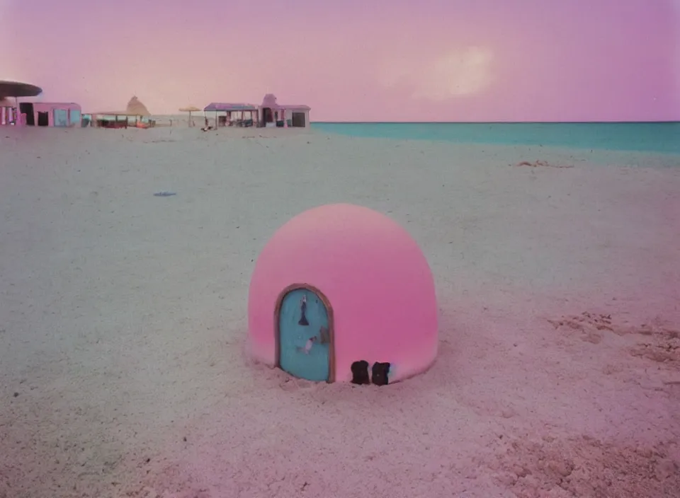 Image similar to a pastel coloured vintage family holiday photo of an empty beach from an alien dreamstate world with chalky pink iridescent!! sand, reflective lavender ocean water, dim bioluminescent plant life and an igloo shaped shiny plastic transparent restaurant opposite a kiosk with an iridescent blue flame flickering. glare. refraction, volumetric light.