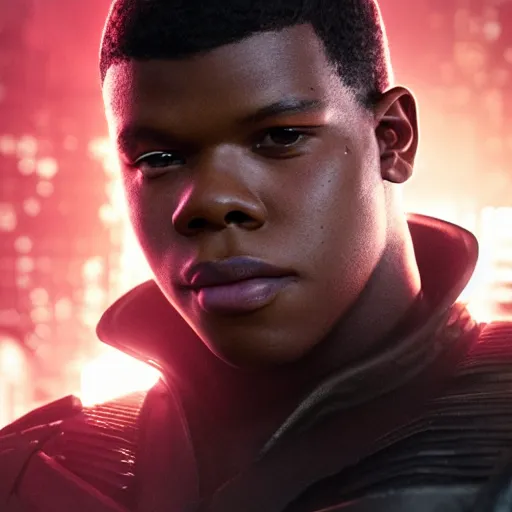 Image similar to a fancy close up of John Boyega As Blade by Greg Rutkowski, Sung Choi, Mitchell Mohrhauser, Maciej Kuciara, Johnson Ting, Maxim Verehin, Peter Konig, 8k photorealistic, cinematic lighting, HD, high details, dramatic, trending on artstation, full body shot