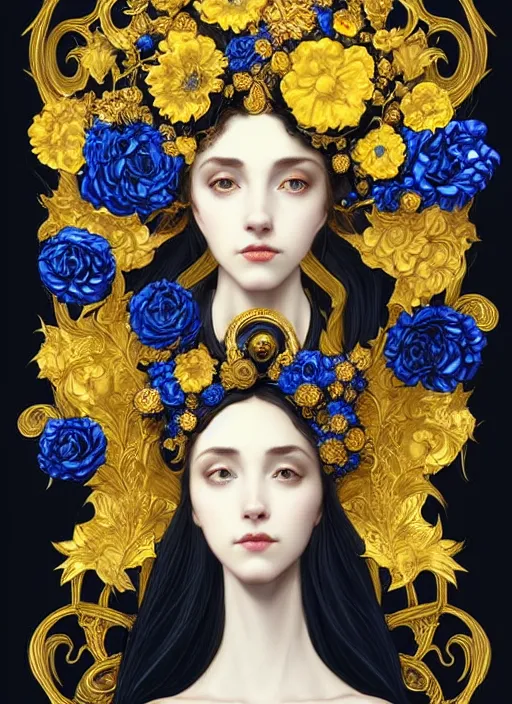 Prompt: beautiful black blue yellow, complicated gold and blue flowers in baroque style headwears, dark fantasy, intricate, elegant, highly detailed, digital painting, artstation, concept art, matte, 3 d 8 k octane rendered, sharp focus, illustration, octane rendered, art by artgerm and alphonse mucha, leesha hannigan