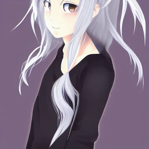 Image similar to young woman with long wavy light silver hair, with blackness instead of eyes, anime