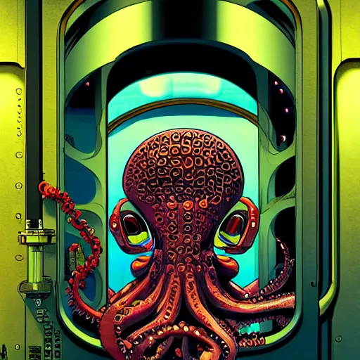 Image similar to robotic Octopus in an airlock, Industrial Scifi, cyberpunk, detailed illustration, character portrait, by Martin Grip and Moebius