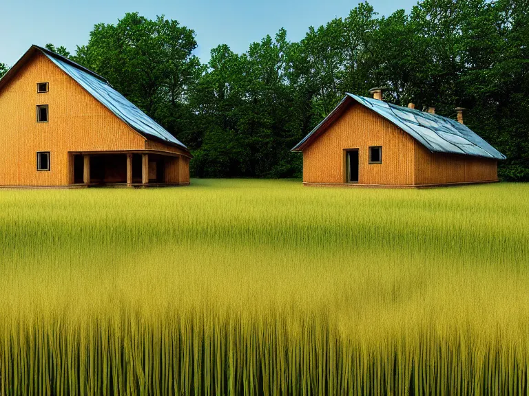 Image similar to hyperrealism photography of beautiful detailed eco house around the forest in small ukrainian village by taras shevchenko and wes anderson, wheat field behind the house