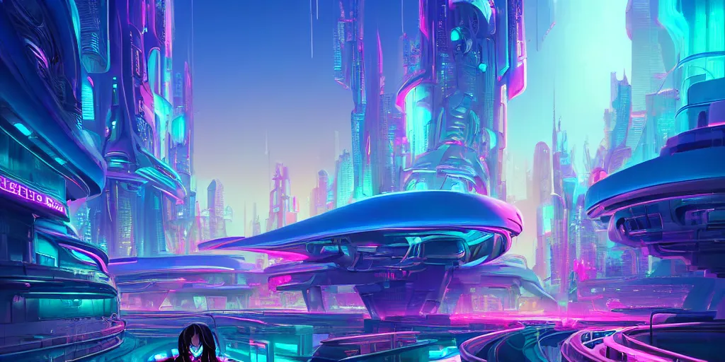 Image similar to hyper detailed ultra sharp of a beautiful woman robot boss, futuristic city with neon lights in the background, sky sended by god. behance hd by jesper ejsing, by rhads, makoto shinkai and lois van baarle, ilya kuvshinov, rossdraws radiating a glowing aura global illumination ray tracing hdr, 8 k