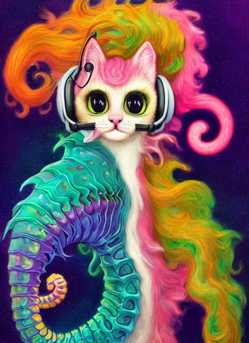 Prompt: cat seahorse fursona wearing headphones, autistic bisexual graphic designer, long haired attractive androgynous humanoid, coherent detailed character design, weirdcore voidpunk digital art by delphin enjolras, leonetto cappiello, louis wain, amy sol, ward kimball, furaffinity, cgsociety, trending on deviantart