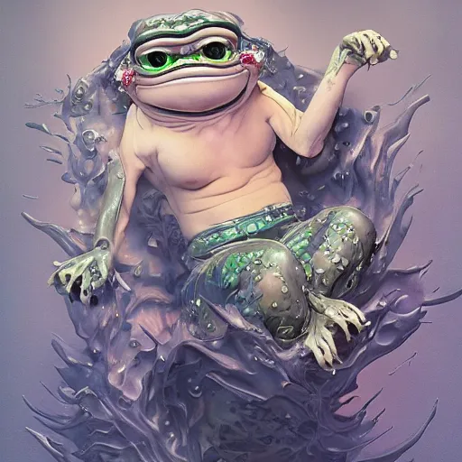 Image similar to plasticine wet shiny angles, crystal, moonlit, mirrors, camera angled dramatically, realistic hyperdetailed design of pepe the frog meme, ferocious, chinese mythology, victo nga, fumo yoshitoshi, ren jing jeong, feifei ruan, peter mohrbacher, takato yamamoto