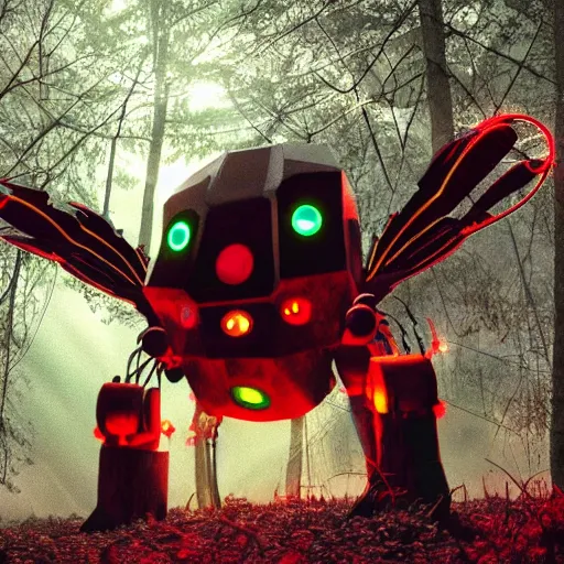 Prompt: a giant robot spider with wings and a single glowing red eye in the middle of an ethereal forest, lots of wires, demonic