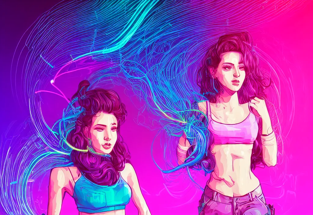 Image similar to a award winning half body portrait of a beautiful woman in a croptop and cargo pants with ombre purple pink teal hairstyle surrounded by whirling illuminated lines, outrun, vaporware, shaded flat illustration, digital art, trending on artstation, highly detailed, fine detail, intricate