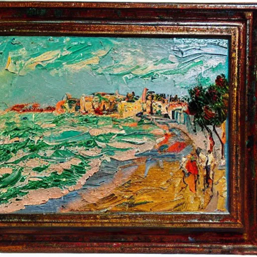 Prompt: oil paint impasto relief, beautiful italian beach scene, multi layered thick brush marks, some splattered paint, in the style of monet and frank auerbach and van gogh