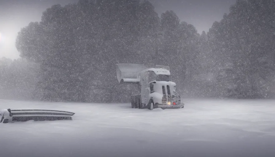 Image similar to snowplow covered by snow in beautiful winter landscape. fog, snowstorm, photorealistic rendering, octane, depth of field, blurry