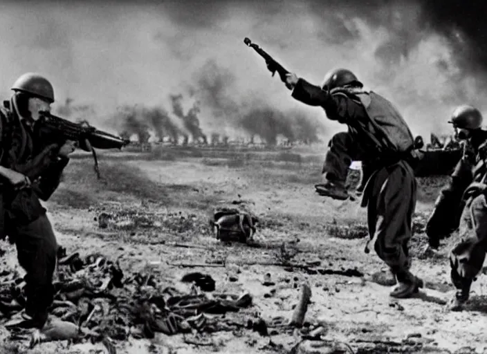 Prompt: scene from a 1950 war film