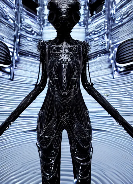 Image similar to desert, catwalk, iris van herpen gothic inflateble dark dress, perfect symmetrical body, helmet on face, full body shot, inflateble shapes, wires, tubes, veins, jellyfish, white biomechanical details, wearing epic bionic cyborg implants, masterpiece, intricate, biopunk, vogue, highly detailed, artstation, concept art, cyberpunk, octane render