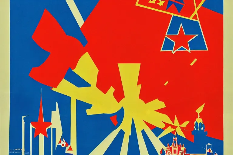 Prompt: A soviet poster for Communist Disney World park, Russian suprematism, bright colors, angry energy, poster art, 2D flat