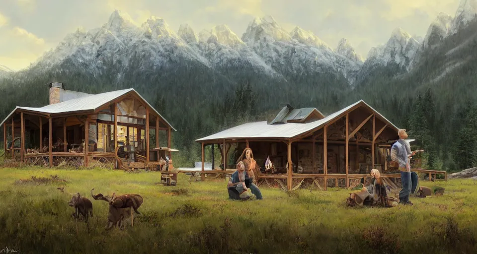 Image similar to cabela's beautiful comfortable modular pop - up insulated all terrain family dwelling, cabin,, person in foreground, mountainous forested wilderness open fields, beautiful views, painterly concept art, joanna gaines, environmental concept art, farmhouse, magnolia, concept art illustration, by james gurney, by craig mullins, by greg rutkowski trending on artstation