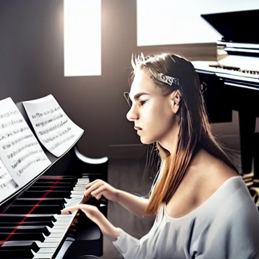 Image similar to a cyborg playing the piano in a futuristic apartment, award winning art, 4k, highly detailed, sharp focus, cinematic lighting, smooth