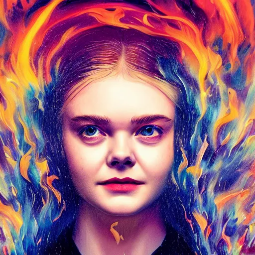 Image similar to Elle Fanning engulfed in flame in a field in the world of Adam Wyeth, head and shoulders portrait, stormy weather, extremely detailed masterpiece, oil on canvas, low-key neon lighting, artstation, Blade Runner 2049, Roger Deakin’s cinematography, by J. C. Leyendecker and Peter Paul Rubens and Edward Hopper and Michael Sowa,