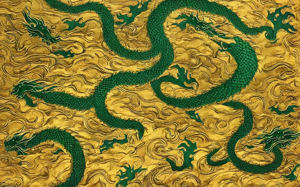 Image similar to green dragon overseeing a large gold mountain, view from above, detailed art