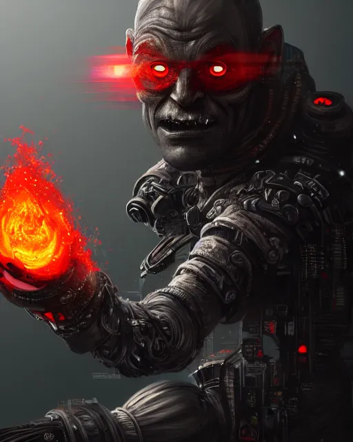 Prompt: a portrait of dark trollface casting fire - ball and shoot it, cyberpunk concept art, trending on artstation, highly detailed, intricate, sharp focus, digital art, 8 k