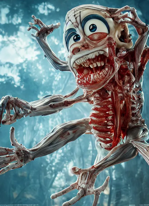 Image similar to Doraemon with translucent skin, visible muscles and veins and arteries and bones and spines and nerves, beautiful detailed intricate insanely detailed octane render, 8k artistic photography, photorealistic, chiaroscuro, by David Cronenberg, Raphael, Caravaggio