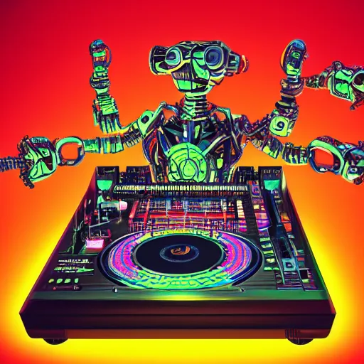 Prompt: album art, the band name is roborock, album name is energetic trance music, band with 3 steampunk robots on a dj desk with a cd mixer, 8 k, flourescent colors, halluzinogenic, multicolored, exaggerated detailed, front shot, 3 d render, octane