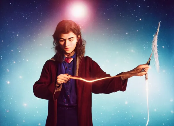 Image similar to a young adult wizard with very detailed face, hair clothes and shoes holds their wand fiercely in their hand from which a blast of bright magic flies from the end of the wand, on an empty moonlit hill, dramatic lighting, lens flare, 3 5 mm full frame professional photography, kodachrome