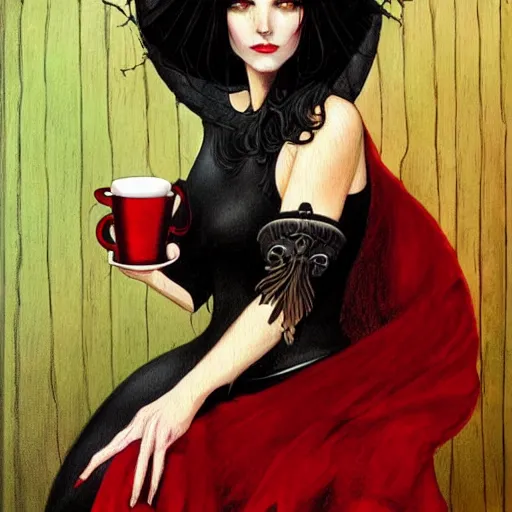 Prompt: fantasy painting of a beautiful dark princess, style of gerald brom, dark hair, black and red dress, blue eyes, sitting on a dark wooden throne, drinking coffee