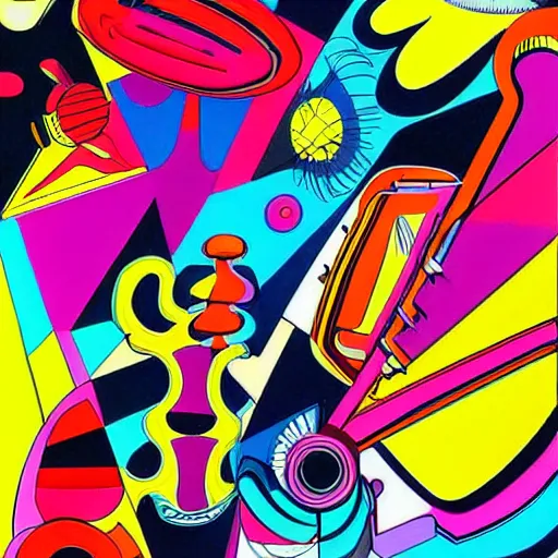 Prompt: abstract forms in the bold colourful detailed style of mike hinge,