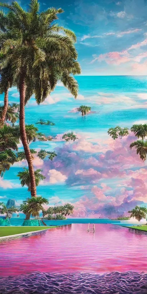 Image similar to masterpiece, hyperrealistic surrealism, award winning masterpiece with incredible details, epic stunning, infinity pool, a surreal vaporwave liminal space, highly detailed, trending on ArtStation, calming, meditative, pink arches, flowing silk sheets, palm trees, very vaporwave, very very surreal, sharp details, dreamscape, daily deviation, IAMAG