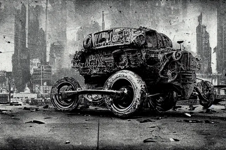 Prompt: cyberpunk 1 9 0 8 model ford t by paul lehr, beksinski, metropolis, parked by view over city, vintage film photo, robotic, damaged photo, scratched photo, silent movie, black and white photo