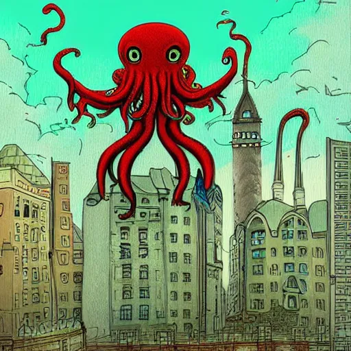 Prompt: cute cthulhu doing tourism in europe with a reflex photocamera, in the big city, skyscrapers, fantasy digital art, wow, stunning, ghibli style, hight quality