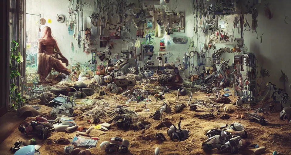 Prompt: IKEA catalogue photo, cyberpunk childrens bedroom, toys, mess, drawings, sand piled in corners, dust, organic, vines, overgrown, tropical, by Beksiński