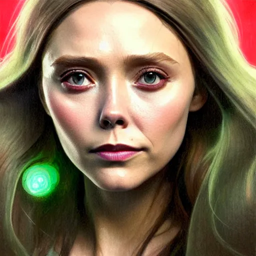 Prompt: portrait painting of elizabeth olsen wanda maximoff with green skin and pointy ears wearing sci - fi clothes, ultra realistic, concept art, intricate details, eerie, highly detailed, photorealistic, octane render, 8 k, unreal engine. art by artgerm and greg rutkowski and charlie bowater and magali villeneuve and alphonse mucha