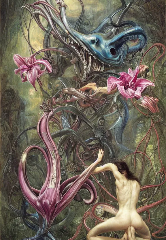 Image similar to simplicity, elegant, colorful muscular eldritch orchids, lilies, flowers, bodies, neon, radiating, mandalas, by h. r. giger and esao andrews and maria sibylla merian eugene delacroix, gustave dore, thomas moran, pop art, giger's biomechanical xenomorph, art nouveau